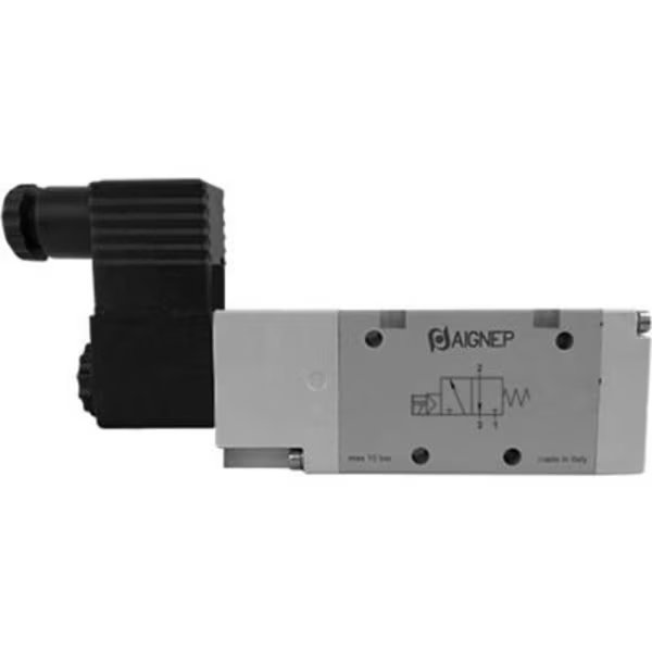 Aignep USA 3/2 Closed Single Solenoid Valve, Ext Pilot G 1/4, 24V AC/5VA Coil, Black Connection, Alpha Technologies, Mfr#: 01VA03NC030401